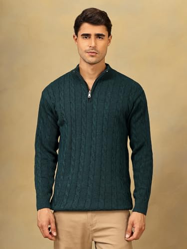 Image of Kvetoo Men's Wool High Neck Zipper Sweater, Full Sleeve Cable Knit Quarter Zip Winter Pullover