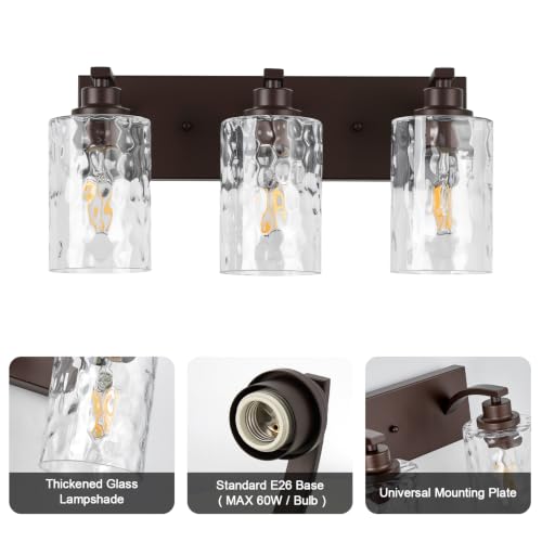Image of 3-Light Bathroom Light Fixtures Modern ORB Vanity Lights | Easy to Install Clear Hammered Glass Shades, Rippled Glow, Wall Mount Up or Down, E26 Socket, Hardwired, 120V
