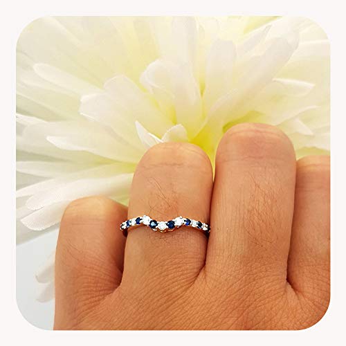 0.30 Carat (Ctw) 14K White Gold Plated Round Blue Sapphire & White Diamond Ladies Contour Anniversary Wedding Stackable Band Guard Ring 1/3 CT2