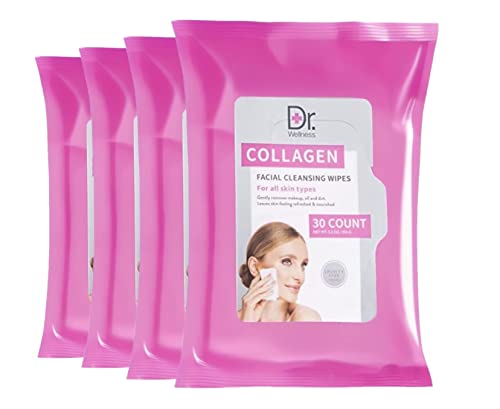 Collagen Face Wipes | 120 Collagen Wipes in 4 Packs, Good for Makeup Removal and Gerneal Facial Cleansing | Dr. Wellness