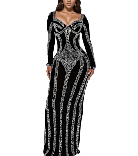 Image of PORRCEY Women's Sexy Rhinestone Lace Sheer Mesh Formal Evening Dress