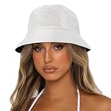 Reversible PU Leather Bucket Hats for Women Solid Color Double Wear Summer Hat Unisex (White)
