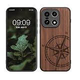 kwmobile Custodia Compatibile con OnePlus 15 Cover - Back Case in Legno con Bumper in Silicone TPU - Bussola Vintage Marrone Scuro