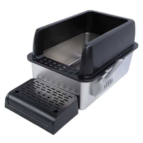 ビッグオープントップキャッツのための高層セミクローズドステンレス鋼のエクストララージキャットリターボックスアンチスプラッシュアンチスプラッシュ (黒)