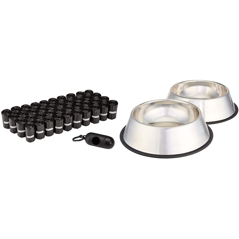 Amazon Basics Bolsas para excrementos de perro con dispensador y clip para correa (600 bolsas) + Comedero para perro (acero inoxidable, 2 unidades)