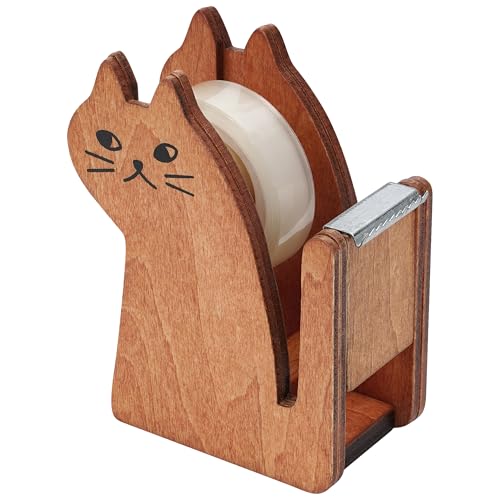TOCCOOL Cat-Shaped Wooden Tape Dispenser, Cute Desktop Organizer with 1 Roll of Tape, Easy-to-Use Adhesive Tape Cutter for Office, School, Shop