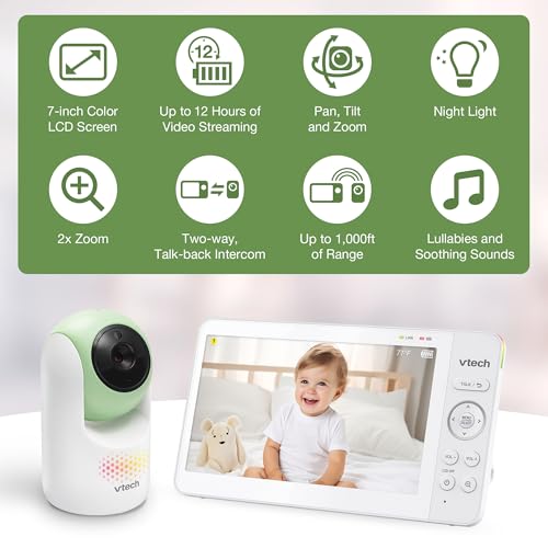 Image of VTech Baby Monitor No WiFi, 7 inch IPS Screen, 5000mAh 12Hr Battery, 360 Pan Tilt Zoom, Night Vision, Multi-Color Night Light, 2-Way Talk| Advanced Max Green