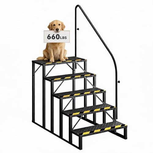 5-Step RV Steps with Handrail 660 LBS Metal RV Stairs with Armrest Cover Anti-Slip Hot Tub Steps Mobile Home Steps for Travel Trailers Camper Pool and Porch
