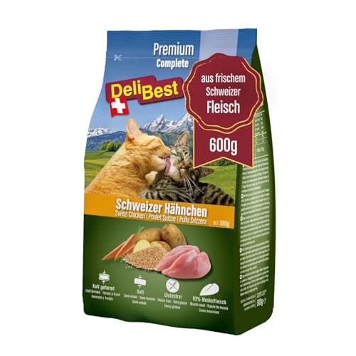 DeliBest Adult Sensitive Complete Cat Hähnchen I Trockenfutter für Katzen I aus 100% Schweizer Hähnchenfleisch I Glutenfrei, & ohne Zusätze I Katzenfutter kaltgepresst I 600 g