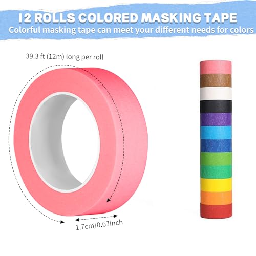 Image of 12PCS Colored Masking Tape, Colored Tape for Kids Art Supplies, DIY Craft Tape, Colored Painters Tape for Labeling, Classroom, Decorative, Rainbow Color Tape Rolls 2 /3In x 13Yards(1.7cm x 12m)