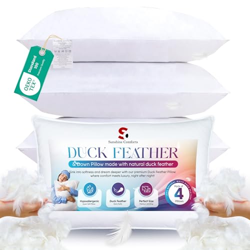 Duck Feather Pillows (4 Pack) Hotel Quality Bed Pillows for Sleeping (50X75CM)  Soft & Breathable Pillow 1200GSM for Back Side & Stomach Sleepers Washable & Anti-Allergenic Comfort