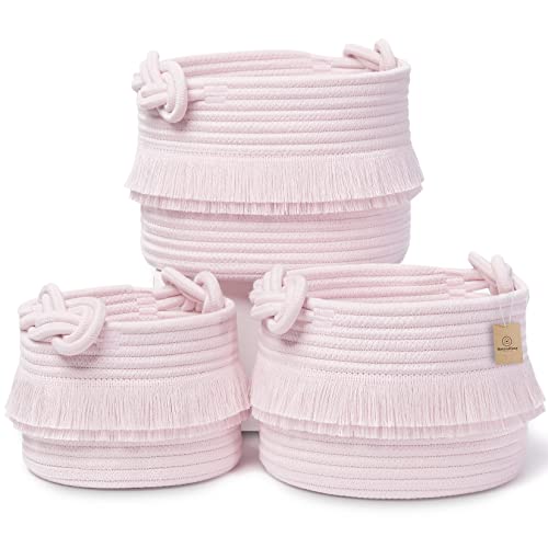 Image of NaturalCozy 3-Piece Decorative Storage Basket Set – Pink Cotton Rope Small Woven Baskets for Organizing for Nursery Baby Stuff, Gift, Vanity, Montessori, Dog Cat Toy Bin, Planter, Bathroom Shelves