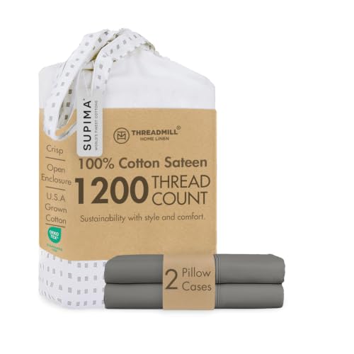 Threadmill Home Linen 1200 Thread Count 100% Supima Cotton Sheets King Pillowcase Set of 2- Breathable Pillow Cases for Kids & Adults, Luxury Smooth Solid Sateen, Dark Grey -