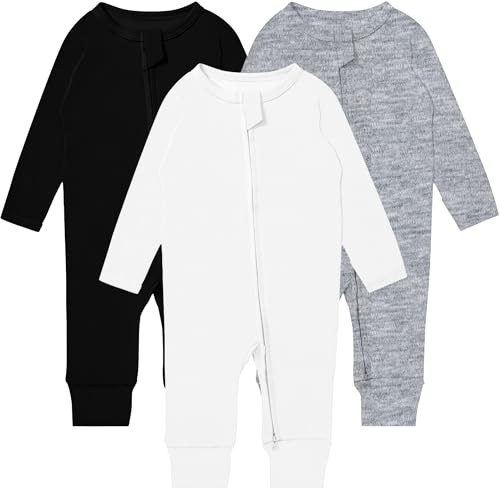 Image of GUISBY Long Sleeve Cotton Pajamas Footless Baby Bodysuits with Zipper and Mittens 3-Pack for Boys Girls