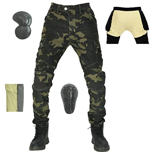 oFzimTo Pantalon Moto Homme, Jean Moto Kevlar Homme Avec Poches, Résistant à L'usure, Renforcement Hanche Et Genou, Genouillères Amovibles (Camouflage (Doublure Kevlar),XL) Cover