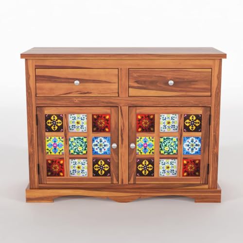 Image of Sheesham Wood Sideboard and Cabinets | Wooden Side Board Small Cabinet with Multicolor Tiles for Living Room | Free Standing Cabinet with 2 Drawers & 2 Door Storage | Natural Finish
