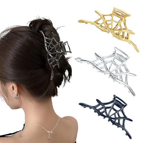 3 Piezas Pinzas de Garra para Cabello en Diseño de Telaraña de Metal, Aleación para Cabello Grueso, Estilo Punk Y2K para Halloween, Clips Franceses Negros para Mujeres y Niñas (Negro, Dorado, Plateado) miniatura 1