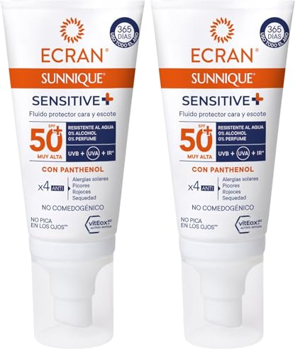 Ecran Sunnique Sensitive - Fluido Protector Facial para Cara y Escote FPS +50 | Fórmula con Pantenol, Resistente al Agua, sin Perfume ni Alcohol para Pieles Sensibles | 50ml (Paquete de 2)