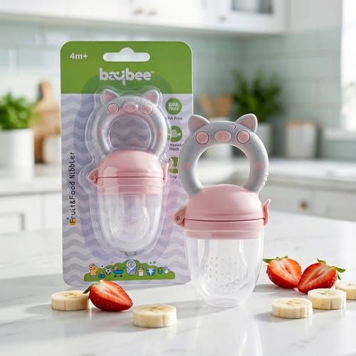 Image of Baybee Silicone Fruit Nibbler & Baby Food Feeder | Baby Teether & Pacifier for 3+ Months Toddlers | Babies Fruit & Food Veggie Teether for Infants | Hygenic & BPA Free Extra Soft Organic (Pink)