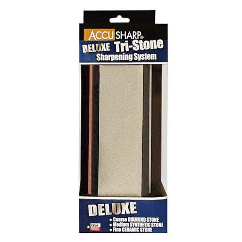 AccuSharp Deluxe Tri-Stone Knife & Tool Sharpening System Kit, Slip Resistant, Mountable Rubber-Grip Base, Quickly Sharpens, Restores, Repairs & Hones All Types of Blades & Knives, Diamond Coated