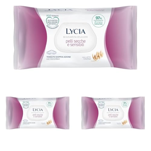 Lycia - Salviette Struccanti per Pelli Secche e Sensibili, Salviette Struccanti per Viso e Occhi, con Latte D'Avena, in tessuto 100% naturale, 60 pezzi (Confezione da 3)