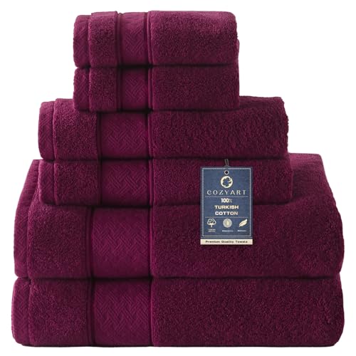 COZYART Burgundy Bath Towel Set 6 Piece, 2 Bath Towels 2 Hand Towels 2 Washcloths, Luxury 100% Turkish Cotton 650GSM Hotel Quality, Soft, Absorbent, Towel Sets for Bathroom
