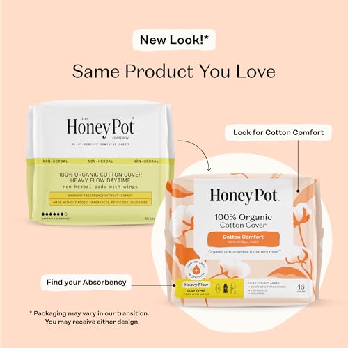 Image of The Honey Pot Company - Sanitary Pads for Women - Non-Herbal Heavy Flow Daytime w /Wings - Organic Cotton Cover & Ultra-Absorbent Core - Feminine Care - 16 ct