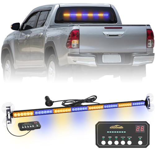 XRIDONSEN 35 inch Amber Blue Traffic Advisor Light Bar 48 LED Emergency Strobe Lights Safety Warning Lights Front/Rear Window w/Display Controller for Firefighter Police Vehicles Trucks