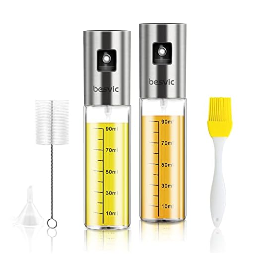 Dispensador Pulverizador de Aceite, Besvic Premium 304 Acero Inoxidable Spray Aceite Botella de Vidrio para Cocinar/Ensalada/Hornear Pan/BBQ, Rociador Aceite Oliva con Cepillo y Embudo(100 ML /2 Pcs)