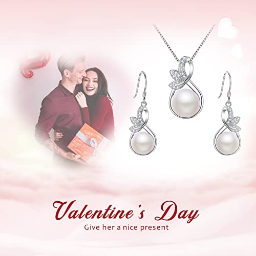 Elequeen 925 Sterling Silver Cz Cream Freshwater Cultured Pearl Leaf Bridal Necklace Hook Earrings Set Clear For Women Girls, Valentine's Day/Mother's Day/Christmas Jewelry Gift For Girlfriend/Mom #TOP7