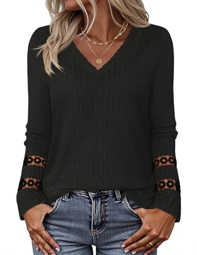 MEROKEETY Women's 2025 Fall Long Sleeve Tops Trendy Casual V Neck Ribbed Lightweight Sweaters T Shirts Blouses