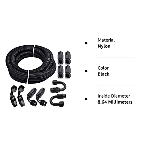3/8 6An 20Ft Fuel Line Hose Kit, Nylon Stainless Steel Braided Fuel Line Oil/Gas/Fuel Hose End Fitting Hose With 10Pcs Swivel Fuel Hose Fitting Adapter Kit - Black #TOP7