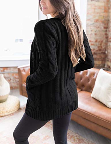Merokeety Women's Long Sleeve Cable Knit Sweater Open Front Cardigan Button Loose Outerwear Black #TOP1