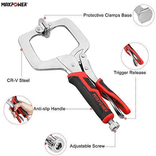 Image of MAXPOWER 11-Inch Locking C Clamp Set, 2 Pack Metal Face Clamp with Large Flat Swivel Pads, Adjustable Heavy Duty C Clamps Locking Pliers for Woodworking, Carpentry, Cabinetry, Welding and Repair