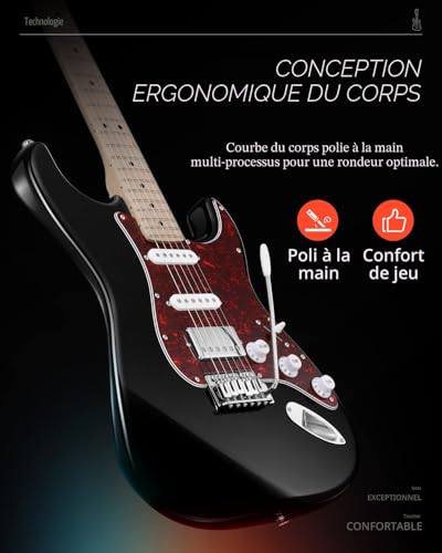 Donner Guitare Electrique, Pack Guitare Electrique Adulte HSS Pickup Coil Split, Guitare Taille Réelle avec Ampli, Housse, Accessoires, DST-152B Noir – vue 3