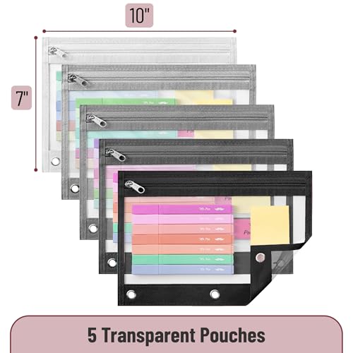 Image of Mr. Pen- Pencil Pouch for 3 Ring Binder, 5 Pack, 10 inchx7 inch, Smooth Zipper | Clear Window, Large Capacity Pencil Case with 3 Reinforced Grommets for School, Office, Supplies Storage | Clear Window, Large Capacity Pencil Case with 3 Reinforced Grommets for School, Office, Supplies Storage