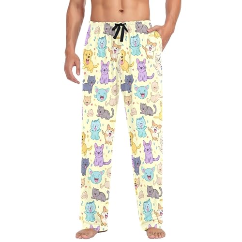 Men's Cute Cat Pajama Pants with Pockets - Straight Fit Cotton Sleep Bottoms for Lounge & Nightwear#718