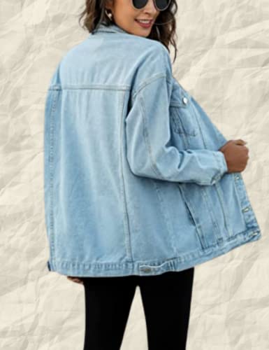 Qibabu Women Mid Long Denim Jacket Trucker Biker Oversized Distressed Jean Jackets (0855-Lightblue-L-Qb) #TOP3