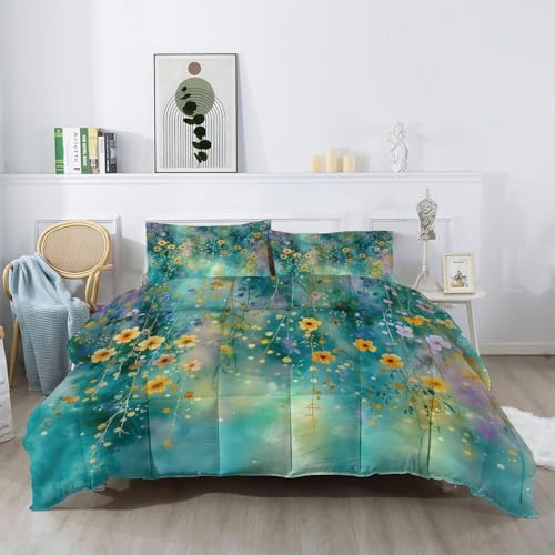 Genérico Edredon Cama 90 Flores con Degradado Edredón Infantil sin Funda Reversible Verde Estampado Suave Ligero Transpirable Duvet 135x200 cm Incluye 2 Fundas de Almohada 50x75 cm YUe2180