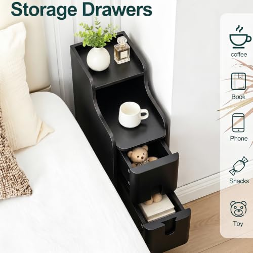 Image of FurSch Narrow Nightstand Set of 2, Wooden Small 2 Drawer, Black