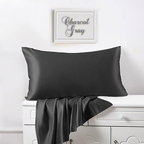 LINENWALAS 100% Vegan Bamboo Silk Pillowcover, Set of 2 Natural Soft and Light-Weight Pillow Cover, Best for Hair and Delicate Skin, Breathable, Set of 2 (Standard,Charcoal Grey)