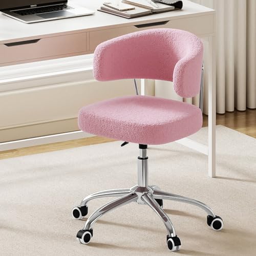 Silla de Oficina con Altura Ajustable, Silla Tocador con Respaldo Curvo, Silla Giratoria de Tela de Borreguito, Capacidad de Carga hasta 150 kg, Silla de Escritorio para Oficina y Dormitorio, Rosa