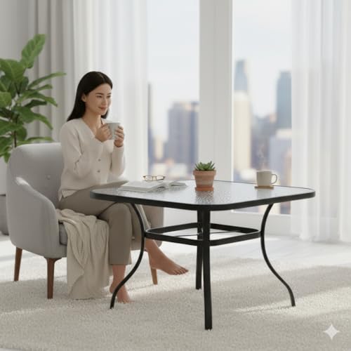 VITAL Stylish Square Patio Table | Tempered Glass Top Outdoor Coffee & Dining Table, Weather-Resistant Rust-Proof Metal Frame for Balcony, Garden & Backyard | Black(80x80cm)