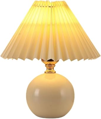 BtcFu Ceramic Lamp Pleated Design Table Lamp Home Decor Stylish Ceramic Handmade Bedside Lamp Living Room Bedroom Interior Lighting Torchiere Natural Cute Antique Table Light Cream Ceramic + Beige