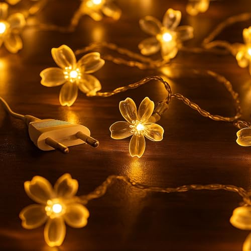 Image of MPROW Yellow-Color Flower LED String Lights - 20 Led Decorative Cherry Blossom Fairy Lights with Plug for Diwali, Christmas, Wedding, Home Decor - Vibrant Floral Night Lights for Bedroom, Balcony