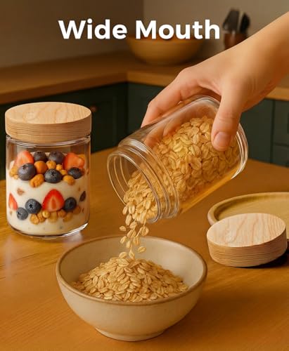 Image of 16oz 4 Pack Glass Mason Jars Overnight Oats Containers with Ashwood Lid | Airtight Chia Seed Pudding Jars with Screw on Top Wide Mouth Food Storage Jar for Meal Prep, Yogurt, Spice, Herb and Tea