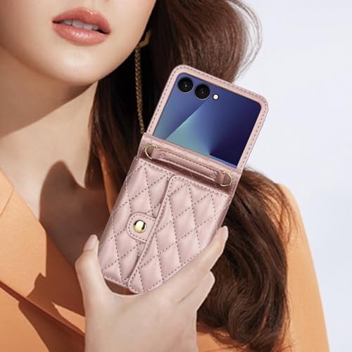 Image of Phone Case for Samsung Galaxy Z Flip 7, Crossbody Wallet Phone Cover with Card Holders Cash Slot Wristlet Strap, Fashion Leather Handbag Flip 7 Phone Case for Women Girls Rose Gold