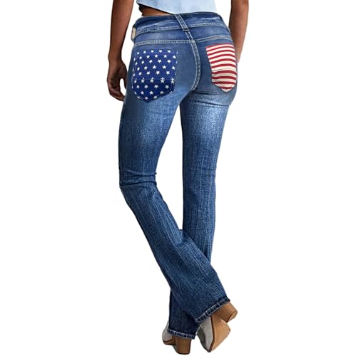 cffvdiz Bootcut Jeans for Women Mid-Rise Back Pockets American Flag Print Flare Denim Pants