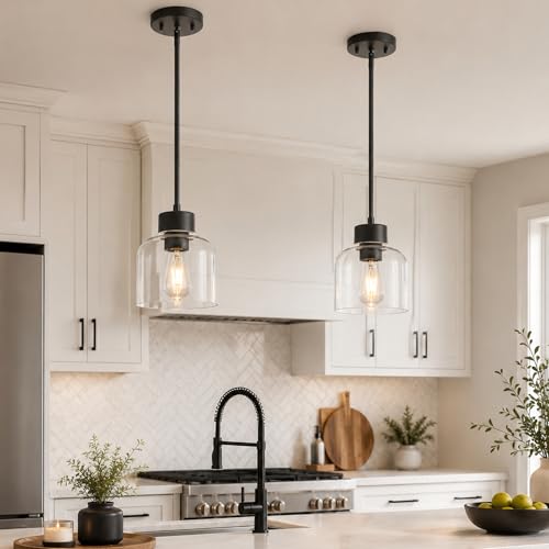 Image of 2-Pack 7 inch Pendant Lights Kitchen Island, Matte Black, Clear Glass