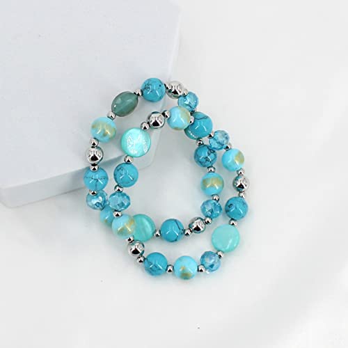 Jules D. Stackable Beaded Bracelet For Women Multilayered Colorful Cute Turquoise Crystal Stretch Bracelet Trendy Costume Jewelry Holiday Gifts For Women (Turquoise 2 Set) #TOP4